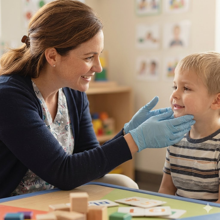 conducting PROMPT speech therapy with a 5-year-old child. The therapist is wearing neat, light blue medical gloves, softly placing her fingers on the child's jawline and chin to guide sound formation.
