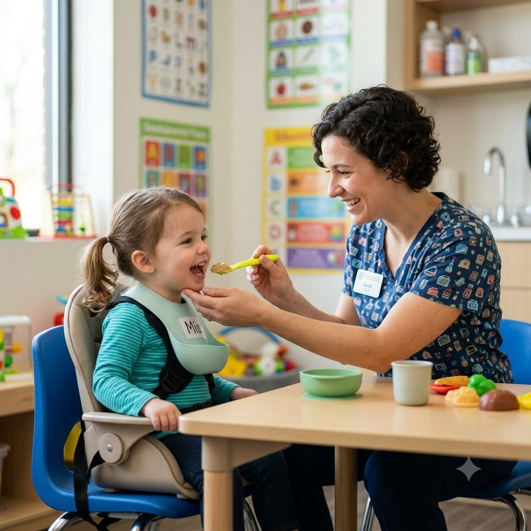 The therapist guides a neon-yellow feeding spoon toward the child's mouth at a small wooden table inside a cheerful, modern clinic room.