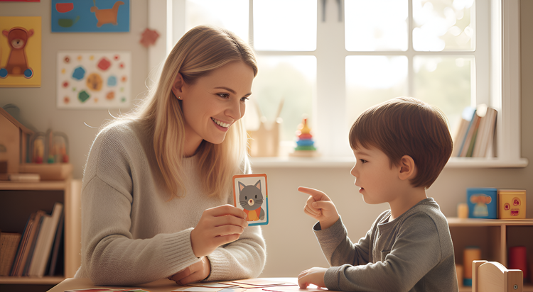 Speech therapist helping a child with communication and articulation skills.